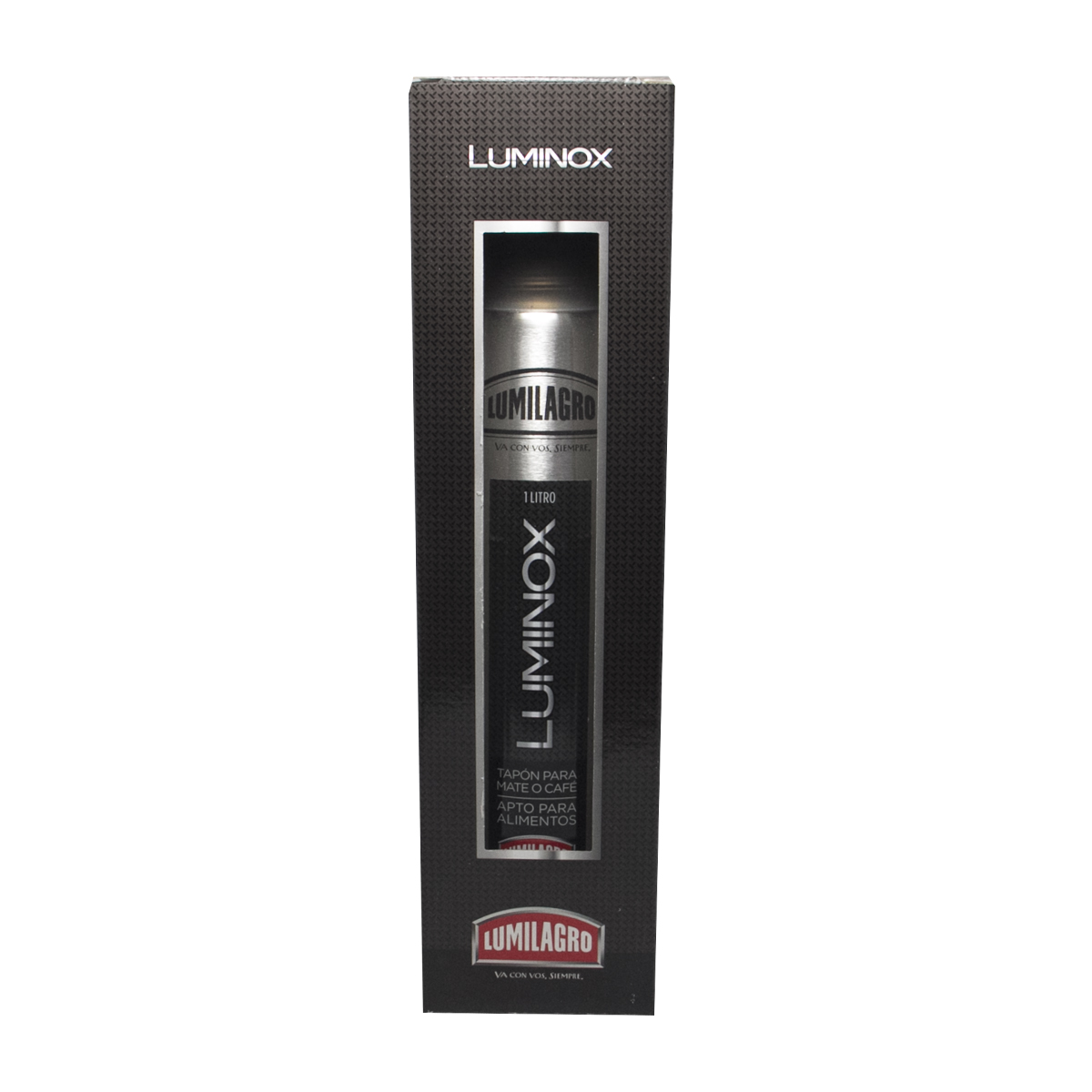 TERMO ACERO INOXIDABLE LUMILAGRO EN CAJA BLANCO Y NEGRO 1LTS