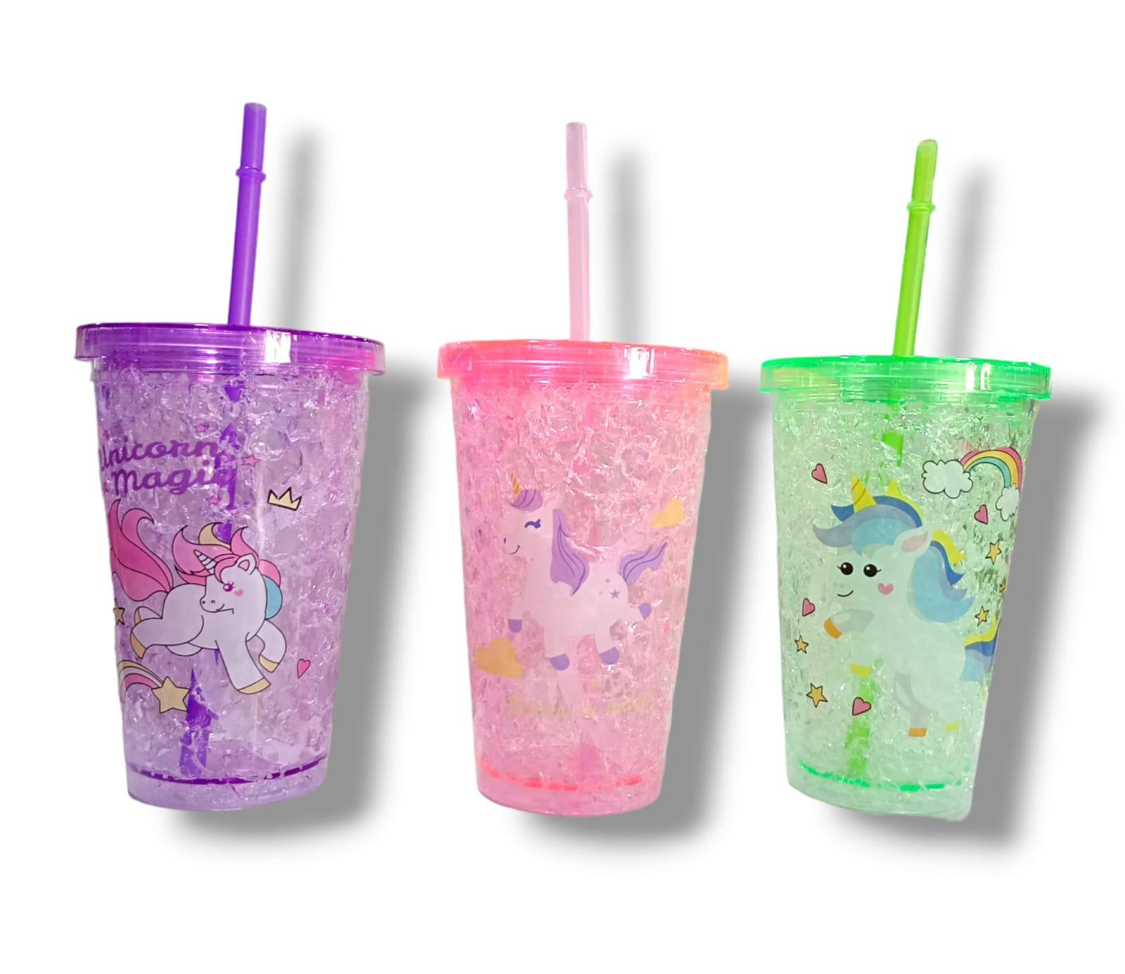 VASO ACRILICO REFRIGERANTE CON TAPA Y SORBETE MOTICO UNICORNIO