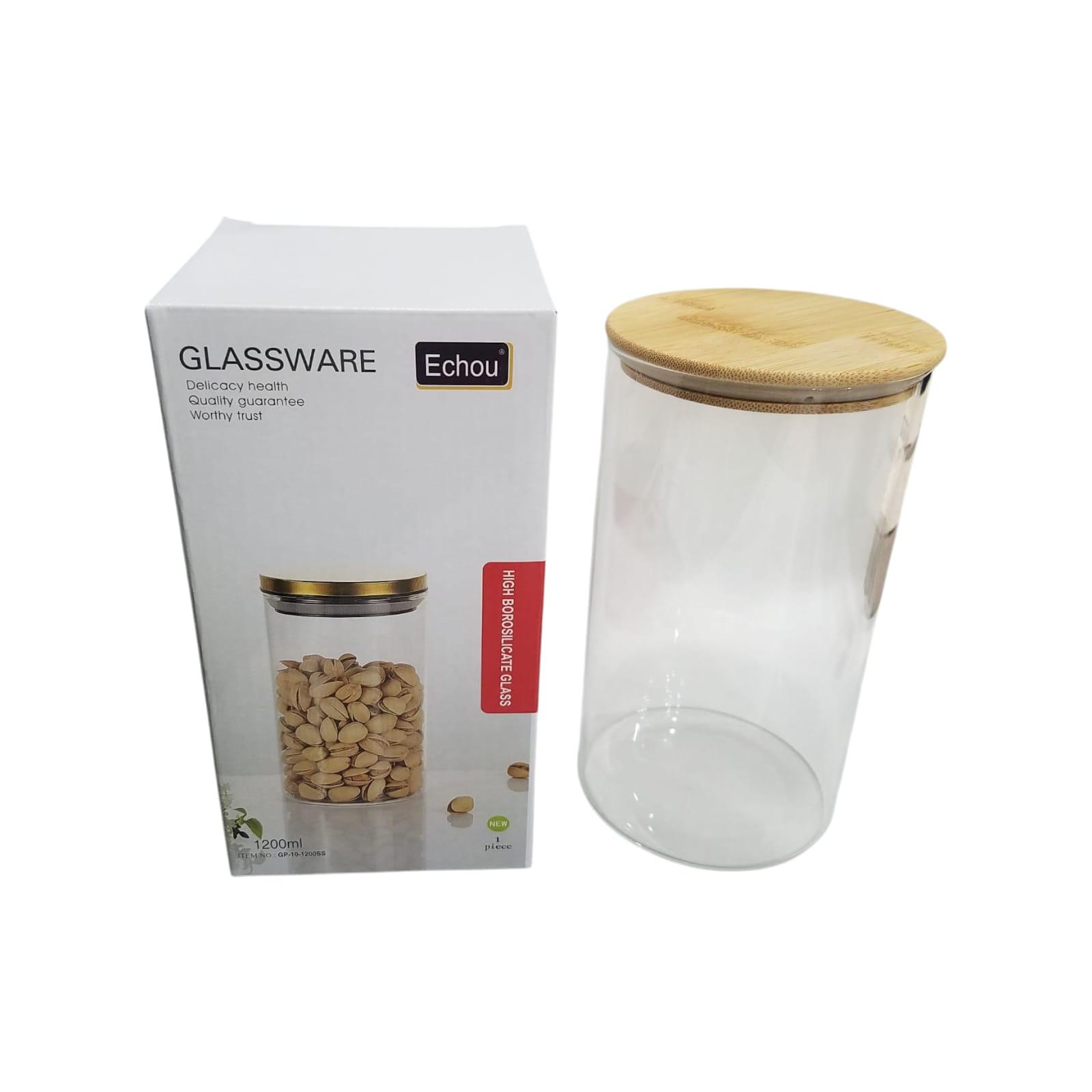 FRASCO VIDRIO 1.200ML CON TAPA SIMIL MADERA EN CAJA