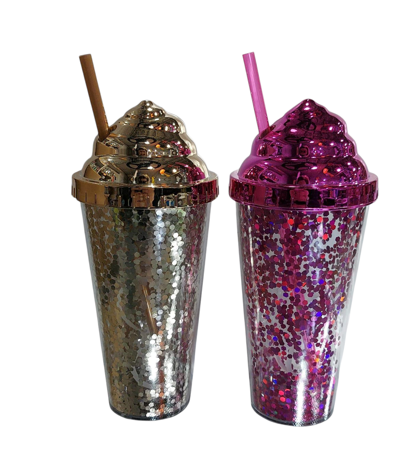 VASO ACRILICO CON TAPA Y SORBETE CON GLITTER 500CC 