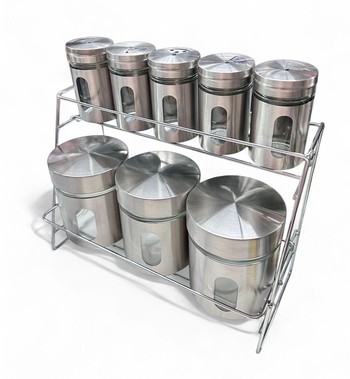 SALERO SET X 8 PIEZAS ESPECIEROS Y FRASCOS CON BASE METALICA