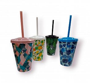 VASO PLASTICO ESTAMPADO CON TAPA Y SORBETE 400CC
