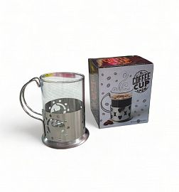 TAZA VIDRIO CON SOPORTE METALICO EN CAJA